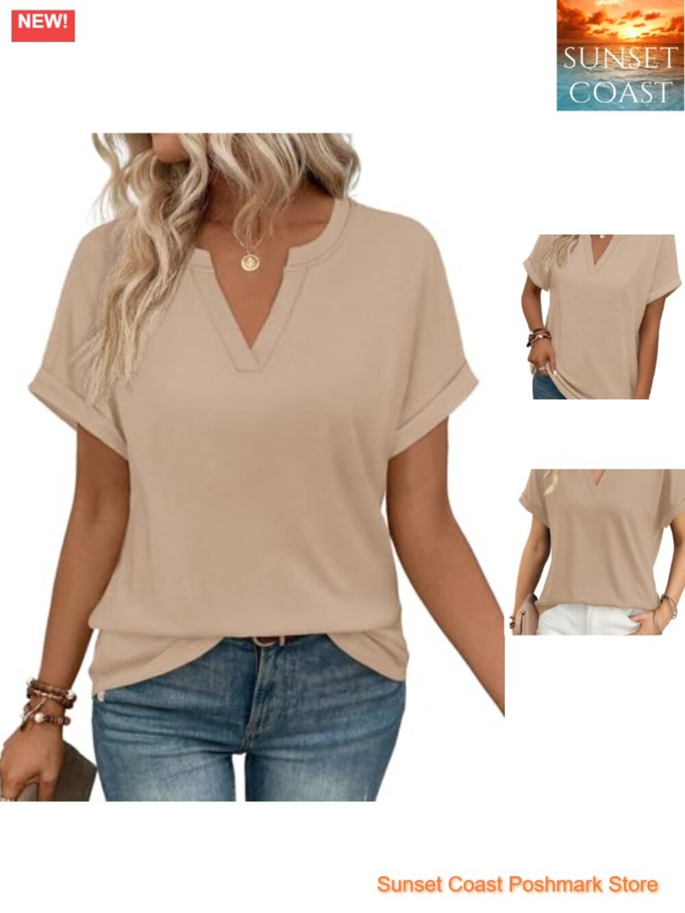 Womens V Neck Short Sleeve Tunic Top Loose Fit Casual Summer Blouse
